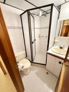 un bagno con doccia, WC e lavandino di Apartamento frente al parque infantil a Pasto
