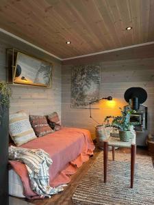 ein Schlafzimmer mit einem Bett und einer Couch in einem Zimmer in der Unterkunft Tiny house on wheels with great views Sjusjøen in Mesnali