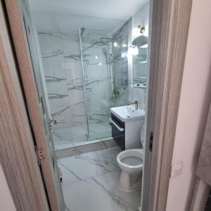 a white bathroom with a shower and a toilet at Ploiesti Central Apartament in Ploieşti