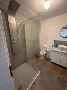 Un baño con ducha, inodoro y lavabo. en Chill Boutique Zamora, en Buşteni