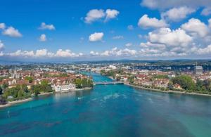 an aerial view of a river in a city at Spatzennest am Bodensee in Bermatingen