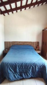 Un dormitorio con una cama azul con dos mesitas de noche. en Zona Estadio Azulgrana para concierto de Shakira, en Asunción