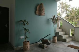 ミディガマ・イーストにあるThe Stables Oceanfront Hotel Midigamaの2つの植物と階段のある青い壁