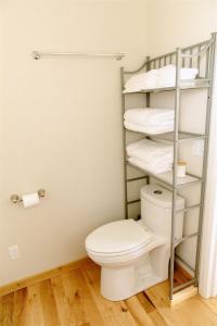 een badkamer met een wit toilet en handdoeken bij Paradise Creek Cottage in Moscow