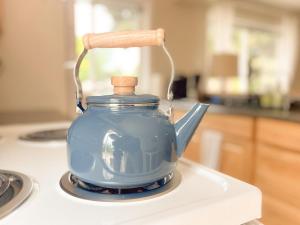 een blauwe theepot op een fornuis in een keuken bij Paradise Creek Cottage in Moscow