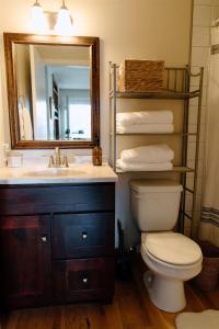 een badkamer met een wastafel, een toilet en een spiegel bij Paradise Creek Cottage in Moscow +32 foto's