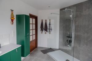 a bathroom with a shower and a glass door at Sur la Colline in Houffalize +11 photos