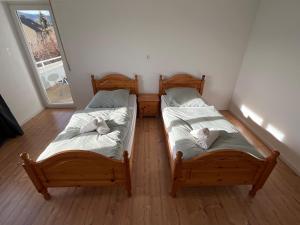 阿尔布斯塔特Ruhige Wohnung mit Pano Blick的带窗户的房间里有两张单人床