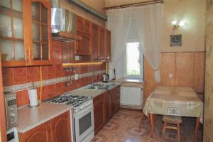 een keuken met houten kasten en een kookplaat met oven bij Sadovaya Historical apartment in Odessa