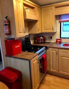 Kuchyň nebo kuchyňský kout v ubytování L&g caravan hire 79-5 Coral beach 8 berth LEAD PERSON MUST BE OVER 30 MAX 4 ADULTS