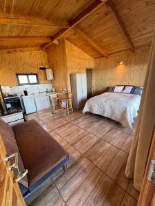 a large room with a bed and a kitchen at Cabañas BERGHAUS 