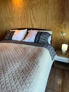 a bedroom with a bed and a lamp on a table at Cabañas BERGHAUS 