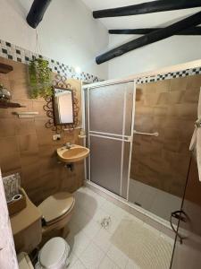 łazienka z prysznicem, toaletą i umywalką w obiekcie Aparta Hotel Eucalyptus w mieście Villa de Leyva