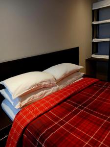 伦敦Amara & Nomad 2 Chiswick West London的一张带白色枕头和红色毯子的床