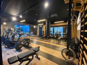 Un gimnasio con cintas de correr y equipos cardiovasculares en un edificio. en Vistula Avenue Apartment free Parking, en Cracovia