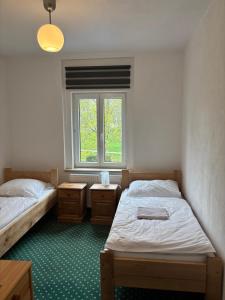 two twin beds in a room with a window at Zahradní Apartments in Františkovy Lázně