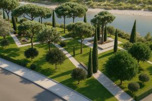 an aerial view of a park with trees and a river at White Lounge Haustor in Podgorica