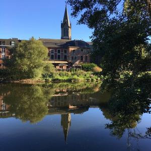 ein Gebäude mit einer Kirche und einer Reflexion im Wasser in der Unterkunft Tilff - Appartement cocooning in Esneux