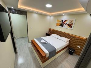 ein kleines Schlafzimmer mit einem Bett und einem Spiegel in der Unterkunft Hotel Magistral Suiter in Quibdó + 25 Fotos