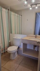 a bathroom with a toilet and a sink at Depto Laguna Vista Hermoso Comodo Familiar in Algarrobo +23 photos