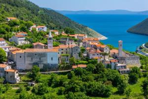 eine alte Stadt auf einem Hügel mit Blick auf das Meer in der Unterkunft Apartments Plomin in Plomin
