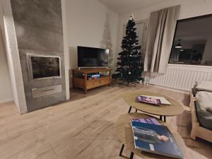 a living room with a christmas tree and a couch at Arctic Aurora Villa with a Lappish Grill Hut - Northern Lights and Private Sledding Hill in the Backyard, in the Hometown of Santa Claus, Rovaniemi in Rovaniemi