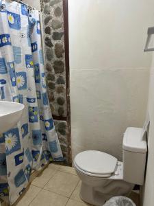 un bagno con un water, un lavandino e una tenda da doccia di Green Forest Uvita River a Uvita