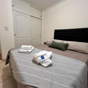 维拉卡洛斯帕兹Departamento céntrico con cochera Muy cómodo cerca de todo的一间卧室，床上有一张带毛巾的床