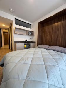 グアダラハラにあるFurnished loft in Ciudad Granja with balconyのベッドルーム1室(大型ベッド1台、壁掛けテレビ付) +18枚の写真