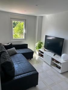 un soggiorno con divano nero e TV a schermo piatto di Casa Carmen e do Hilario a Ponte Do Porto Altre 14 foto