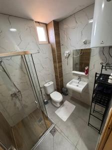 łazienka z prysznicem, toaletą i umywalką w obiekcie Hotel In the heart of Old Bazaar with private parking w mieście Skopje