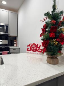 ein Weihnachtsbaum auf einer Theke in einer Küche in der Unterkunft Bluehouse in East Chicago + 13 Fotos