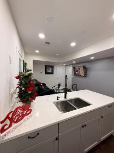 Eine Küche mit Spüle und einem Weihnachtsbaum auf der Arbeitsplatte in der Unterkunft Bluehouse in East Chicago