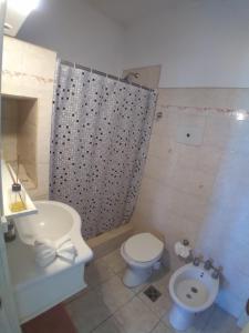 a bathroom with a toilet and a shower and a sink at VISTA AL MAR HOSPEDAJE Solo mujeres in Mar del Plata