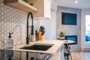 een keuken met een spoelbak en een aanrecht bij LAO LOFT 105 by Gestion ELITE in Mont-Tremblant +16 foto's