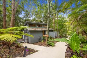 a house in the woods with palm trees at Hunchy Hideaway in Montville