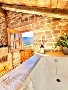 Cabaña Los Caballos的石墙客房内的浴缸