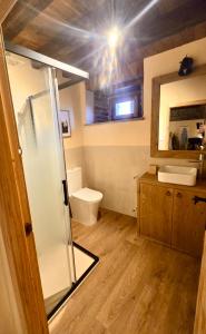 ein Badezimmer mit Dusche, Toilette und Waschbecken in der Unterkunft Cabaña Los Caballos 