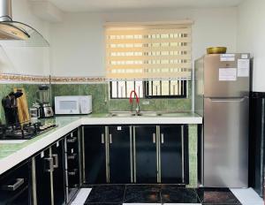 巴尼奥斯Mansion del Bosque with Jacuzzi 6 Bedroom 5 Bath的厨房配有黑色橱柜和不锈钢冰箱