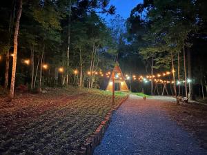 a tent in the middle of a forest at night at Cabana Encanto da Mata in Santa Maria do Erval