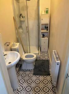 a bathroom with a shower and a toilet and a sink at Lubona Stirchley Guest House in Birmingham
