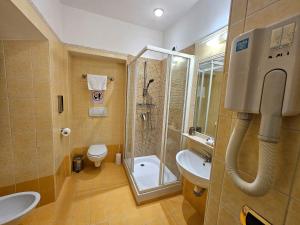 un bagno con doccia, WC e lavandino di Hotel Amadeus a Roma Altre 47 foto