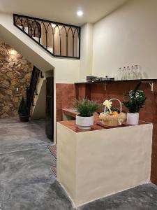 a lobby with a counter with potted plants on it at Nhà thơ Homestay in Cồn Giả Viên