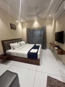 TuljapurThe Skyland Hotel And Restaurant的卧室里有一张床和一台电视机