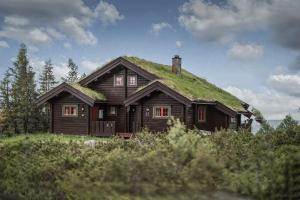 een huis met een grasheuvel erop bij Timber Cabin With Panoramic Views At Spåtind in Etnedal