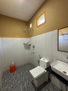a bathroom with a white toilet and a sink at Kaziranga Tea Nest Homestay in Kāziranga