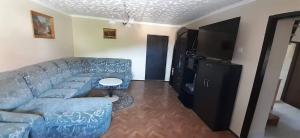 Una sala de estar con un sofá azul y un televisor de pantalla plana. en Francek house Podčetrtek, en Buče