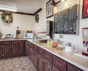 a kitchen with wooden cabinets and a counter top at Econo Lodge Van Horn in Van Horn