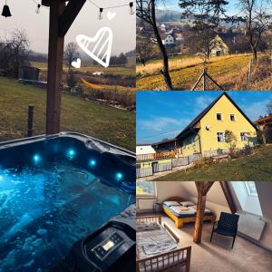 a collage of pictures of a swimming pool at Chalupa U Lesa in Podmokly