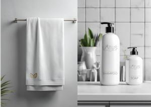 ein Badezimmer mit zwei Flaschen Seife und einem Handtuch in der Unterkunft Lotus Luxury Residencies in Negombo